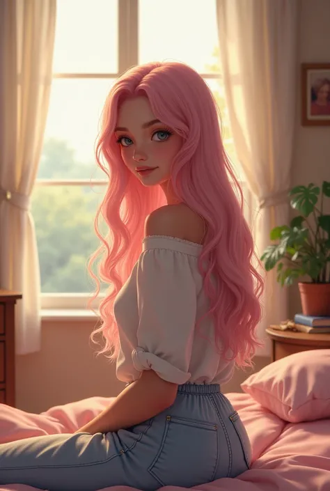 a cute 19 year old girl with long light pink hair staring at the viewer in her bedroom next to a window