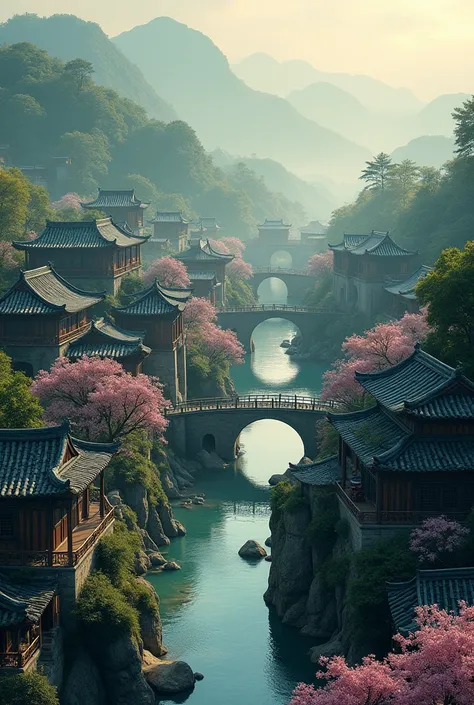 ancient chinese village close to the river or stream, sky is a little dark because of the dawn time