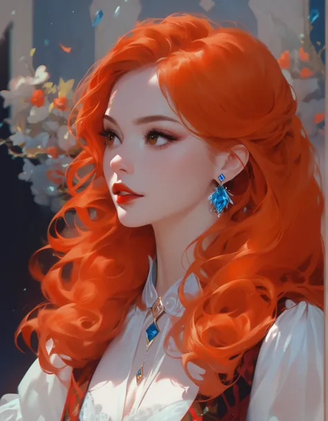 masterpiece,  beautiful illustration, girl with red hair, blue crystal earring,  brown eye , red lips