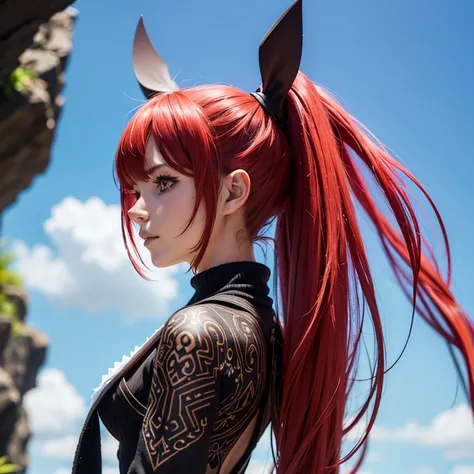 A succubus girl with wings on her back ,  she has an arrow-shaped tail , Pointed ears, curled horns, red-haired,  long hair( ponytail ), (loose strands),  wearing a sexy feminine sweater with side and back slits(black sweater), ( best quality ), (ultra det...