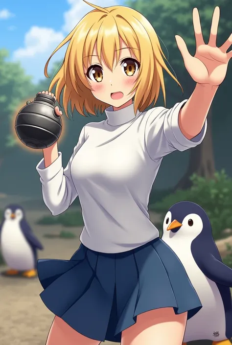 Anime style girl with blonde hair and golden brown eyes wearing a white turtleneck long sleeve polo shirt and blue skirt playing Battle Royal Free Fire style with a round grenade in her right hand with an anime-style pet penguin 