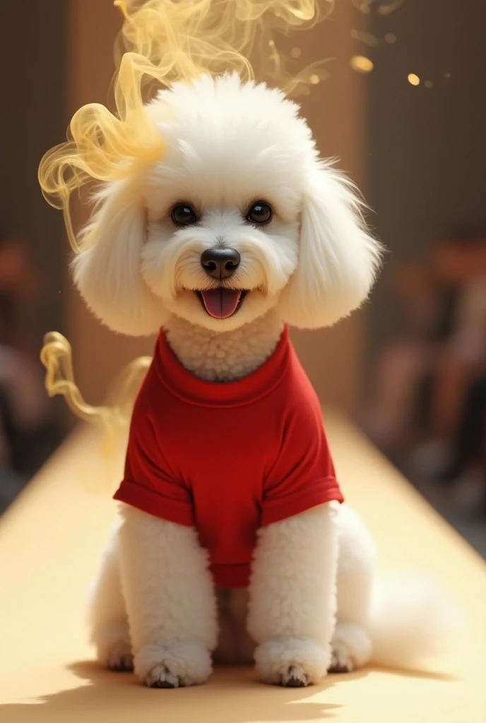  White poodle dog dressed in a red t-shirt, and a golden smoke ,  sitting on a fashion show runway , very happy