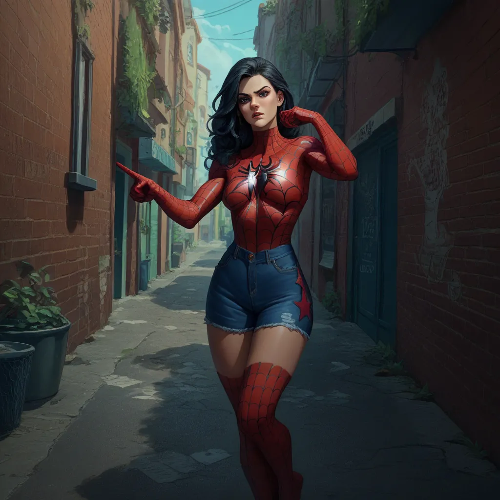 (extreme complexity, multiple subjects) a bunch of (cute, sexy outfit spider woman) stand in an alleyway in a confused stance, a...