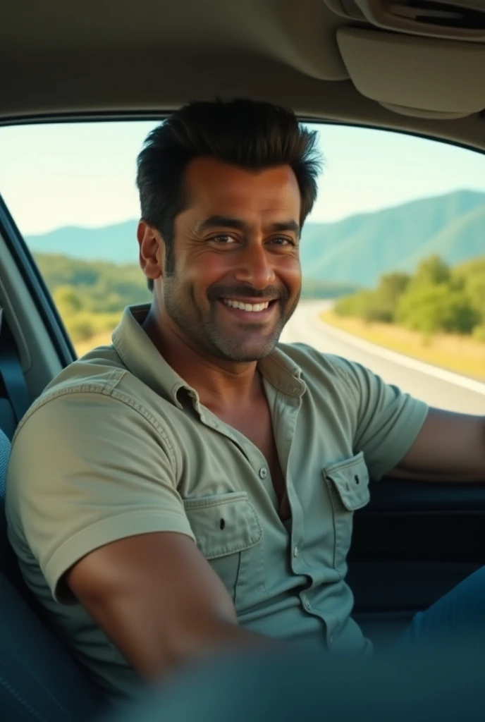 Salman Khan smiling in car, driving highway 