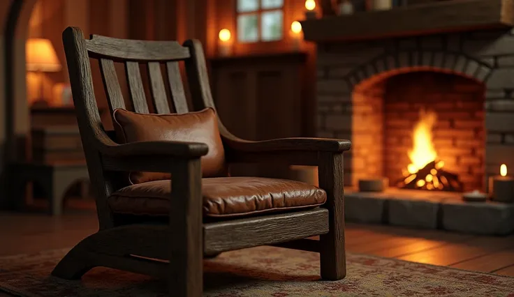 A wooden chair inside a room in  a cozy cottage,night time