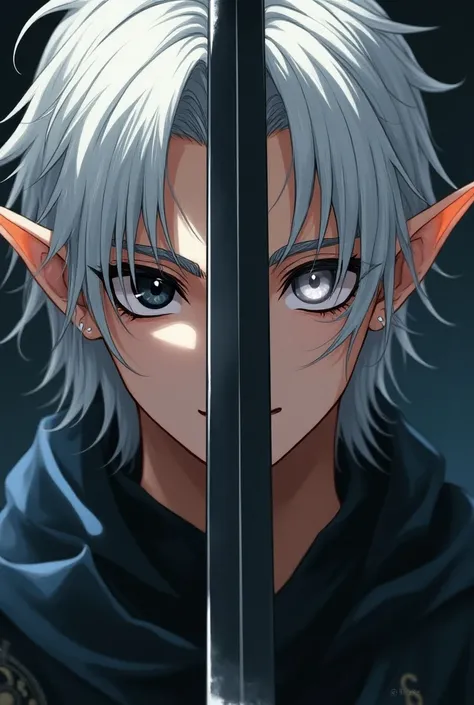  anime style, handsome elf man ,  white hair, sword in the middle of the face with different eyes a black eye and a white eye