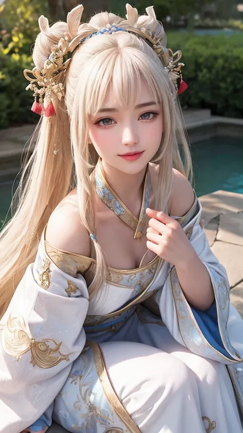 close up on face， Ultra-fine face，female， China-style， ancient wind，Hanfu， Sit Pose， long whitr hair， Delicate clothing patterns， ellegance， opulent， ellegance， ssmile，Skysky， Ribbons，Sense of brokenness， ruri， Buble， Double up braid， Hairline， slanted ban...