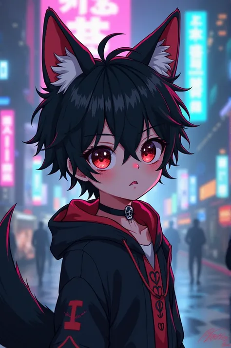  Very young male anime style character ,  disheveled black movie with short hair ,  long hairy wolf tail ,  long ears with skulls inside them, Cyberpunk clothes, very cute  