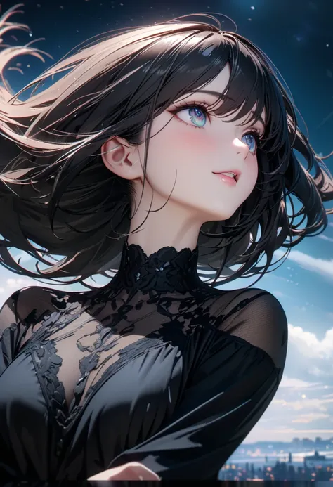 (best quality, masterpiece:1.2, 8k, 4K, extremely detailed CG, highly detailed), A beautiful woman is looking up at the sky, Women have bob hair , detailed beautiful eyes,  The woman is wearing a black silk dress,