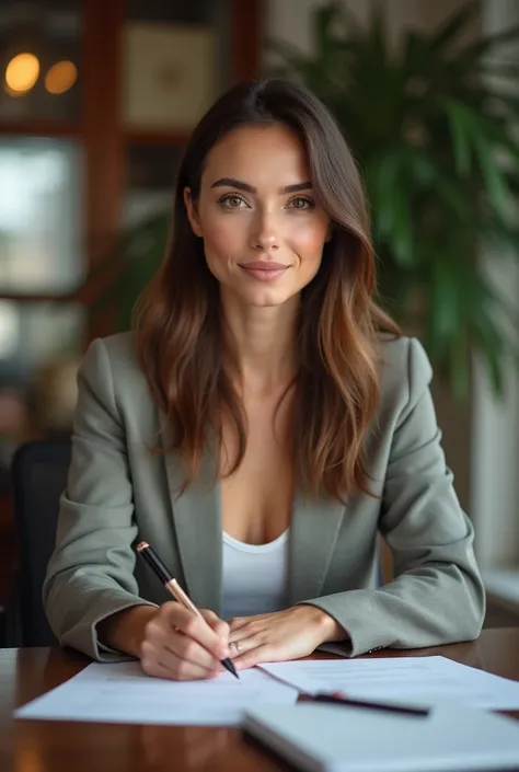  best quality ,  a beautiful businesswoman with straight and medium brown hair,  brown eyes, looking at the camera confidently , sitting working, office in the background 