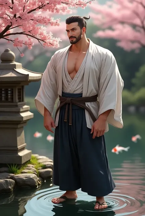 Samurai Garden
"In a tranquil Japanese samurai garden, complete with a koi pond and blooming cherry blossoms, a tall, lean, and muscular man with smooth white skin stands confidently near a stone lantern. His short hair is styled neatly, and he wears a fit...