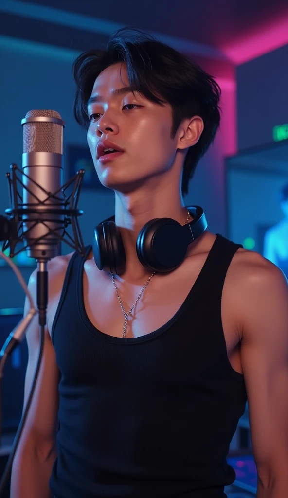 Close-up shot of a stylish young Korean male singer in a relaxed studio setting, stands in front of a professional microphone, headphones on neck,a modern recording studio,capturing his face and emotional expressions as he begins to sing with intensity, A ...