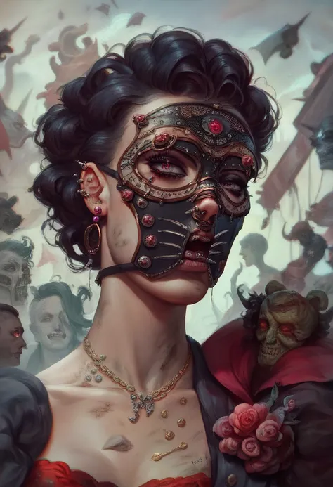 Artwork of a magnificent ((scary and gloomy)), ((broken)), ((macabre)), ((morbid)), ((chipped)) (((porcelain carnival sexy mask))), ((sexy)), ((glamour)), ((rococo)), ((ornate piercings)), ((ornate decorations)), (((slim))), ((dirty insane land)), ((post-a...