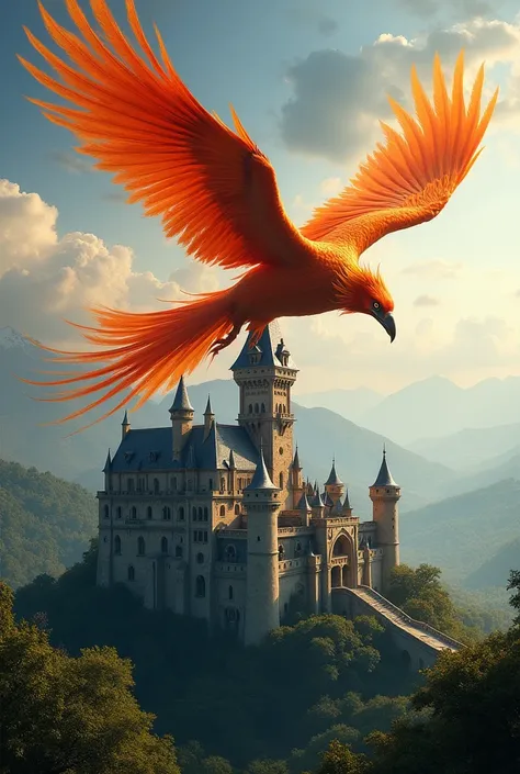 A phoenix flying over a castle 
Bell 