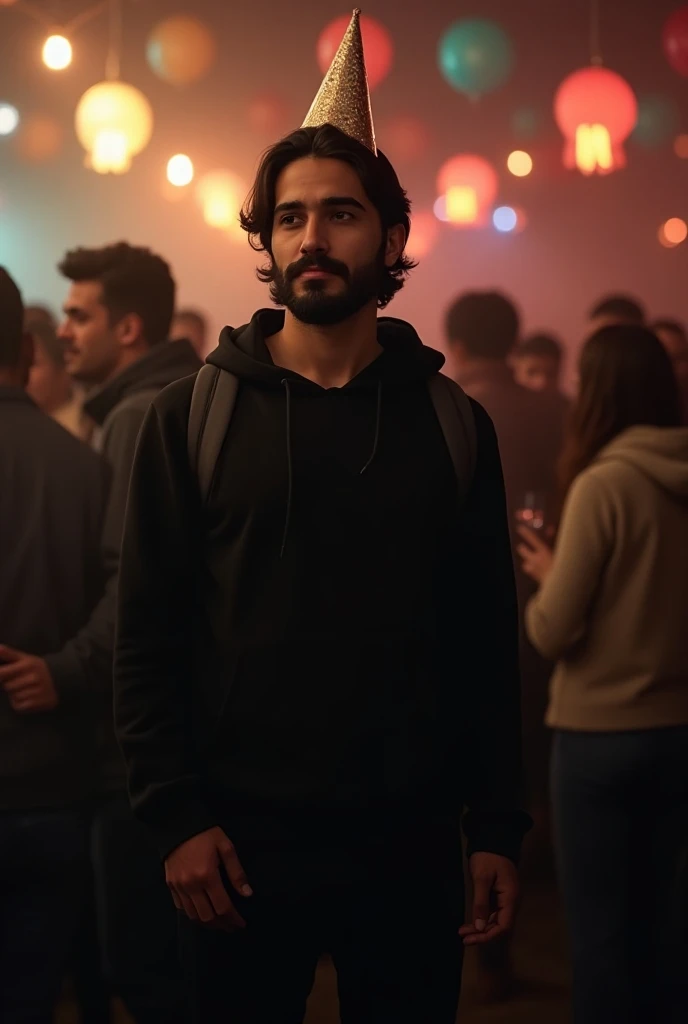 Typical shy Iranian Jesus in a black pullover without a hood , black pants,  disheveled at a student party with a birthday hat 