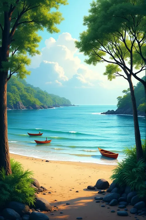 Good morning image with beautiful sea and trees on side and small kerala s on shore.insert tag as Good Morning Manyans.."