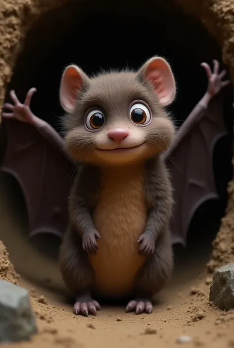  represents a mixture of a bat and a mole . The body has the soft ,  brown fur of a mole ,  while the wings and face have the characteristics of a bat.  The eyes are big and curious ,  with a mischievous sparkle .  In the background you can see an undergro...