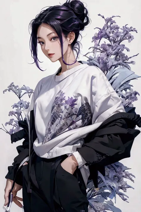 Anime person with dark purple hair, hair tied up in a strict bun, Chinese ethnicity, androgynous, in spy gear, elegant, black pants, confident expression, many needles arranged in a fan as the background, needles as her weapons, many needles, needle themed...