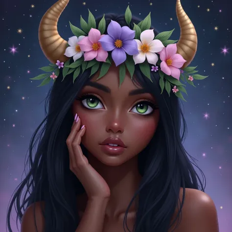 Portrait of a woman with deep mocha skin and straight midnight-black hair, featuring piercing emerald-green eyes. She wears a floral crown of soft pink, lavender, and white flowers entwined with delicate green leaves, with a pair of gracefully curved bull ...