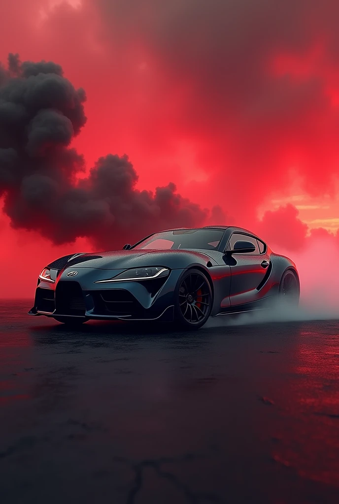 black sport car with reddish background and smoke 