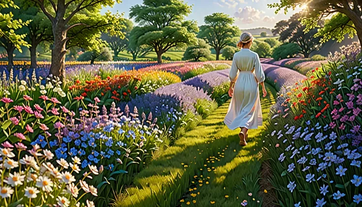 A person walking along a radiant path surrounded by fields of blooming flowers, each step bathed in warm light. Behind them, gentle, ethereal figures representing goodness and mercy seem to follow, casting a peaceful glow. The landscape is vibrant and full...