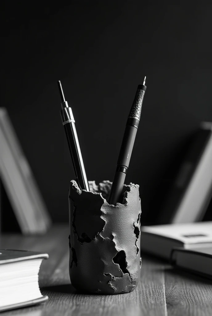 A pen holder made of broken wine bottle on a table with books around it black and white image pen in the wine bottle 
