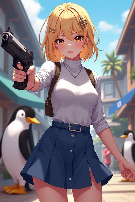 Gamer style girl with blonde hair, brown eyes with a white turtleneck long sleeve polo shirt and blue skirt playing Battle Royal Free Fire style with a mini uzi in her right hand with an anime-style pet penguin 