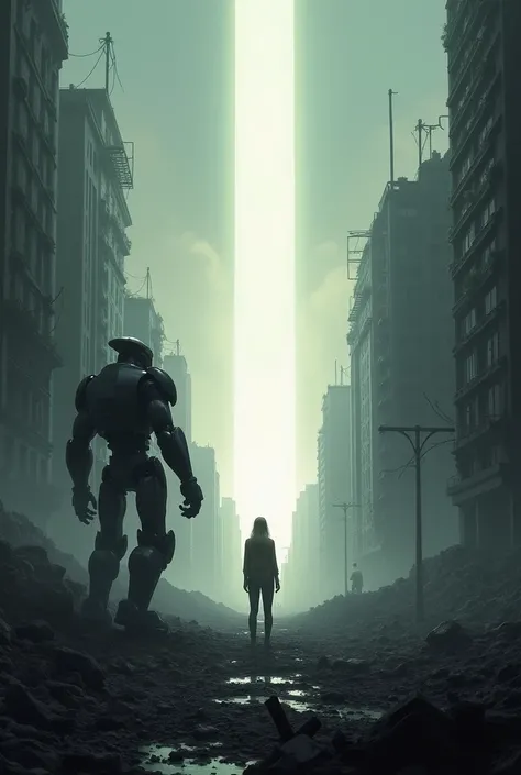 Make a cover of a destroyed city with a bright light on the horizon and a  person in the middle of the city next to a robot shaped like an imposing human but the same size as the human accompanying him.