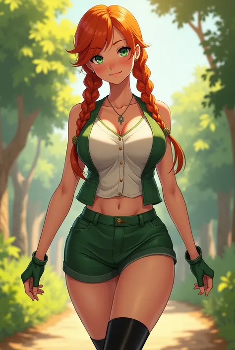 Uma jovem Woman with large, plump breasts .  Imagine a young woman with vibrant orange red hair , that shines in the sunlight,  with two Maria-Chiquinhas tied in braids in her hair . Your face is delicate,  with freckles that dot her nose and cheeks ,  giv...