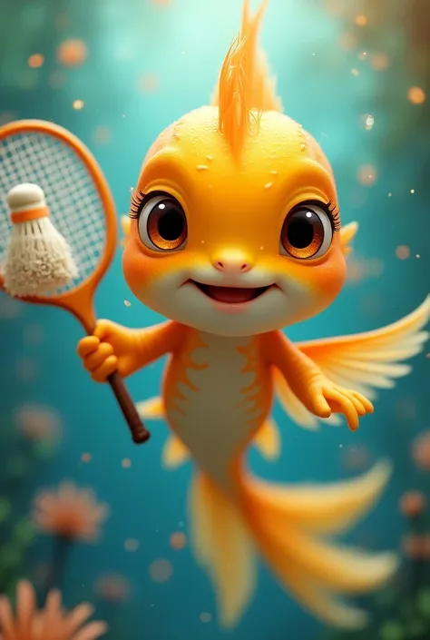 a beautiful color female golden fish smiling face holding badminton racket and badminton shuttlecock 