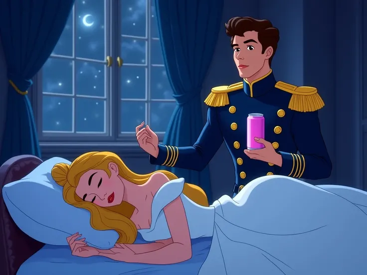       Sleeping beauty blonde in a white dress sleeps on a bed in a castle room. Blue curtains hang on the castle window. Her eyes are closed. Sleeping Beauty is lying on her right side. It&#39;s night outside. A prince dressed in a blue suit with golden ep...