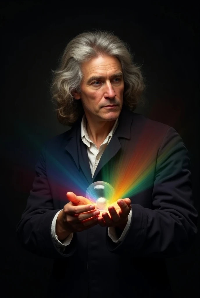 Isaac newton, prizma on hand, rainbow color spectrum from prizma, black background, look at front