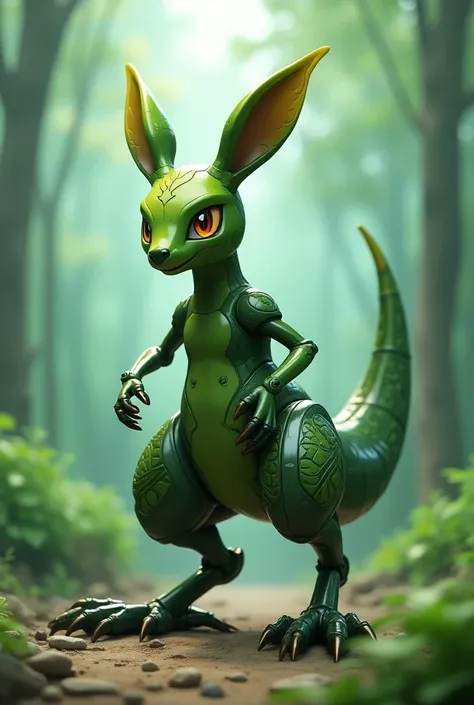 Pokemon, 3d anime, teen kangaroo, green skin, leaf and steel type, metal body, female