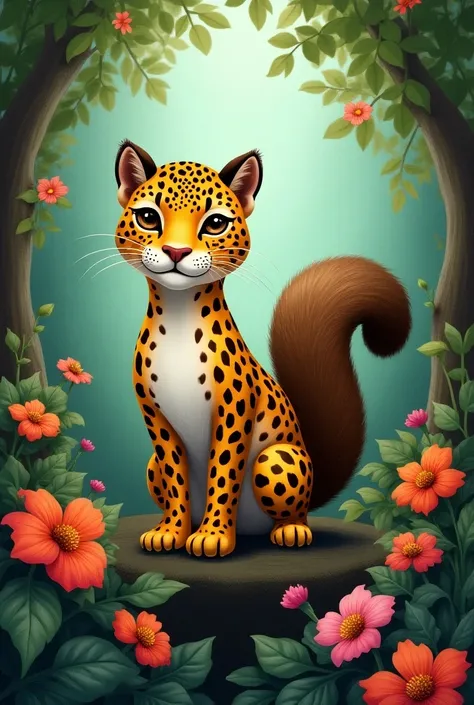  The illustration shows an elegant leopard with a bushy squirrel tail. The background is a lively jungle with lots of trees and colorful flowers .