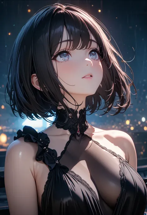 (best quality, masterpiece:1.2, 8k, 4K, extremely detailed CG, highly detailed), A beautiful woman is looking up at the sky, Women have straight bob hair, detailed beautiful eyes,  The woman is wearing a black silk dress,