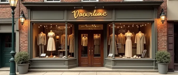 A clothing store from the 1940s, vintage photo style, entrance door, 1940s clothes, vintage