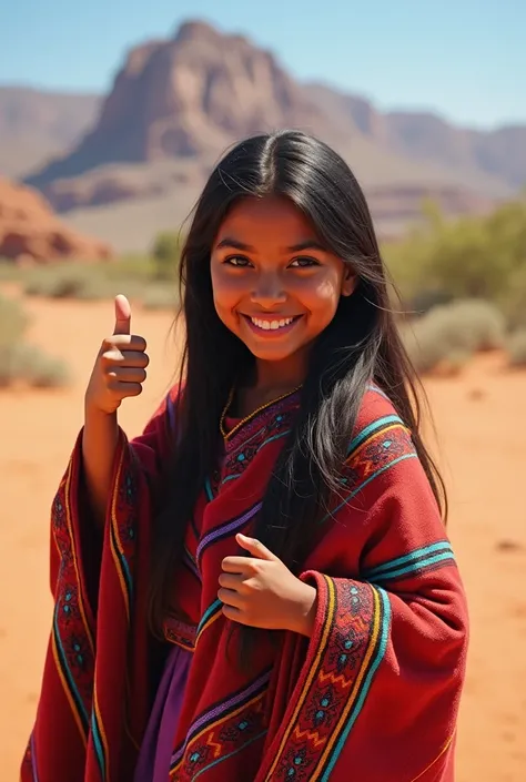  a Wayuu girl from La Guajira Colombia with a blanket and her thumbs up, only blanket without accessories 