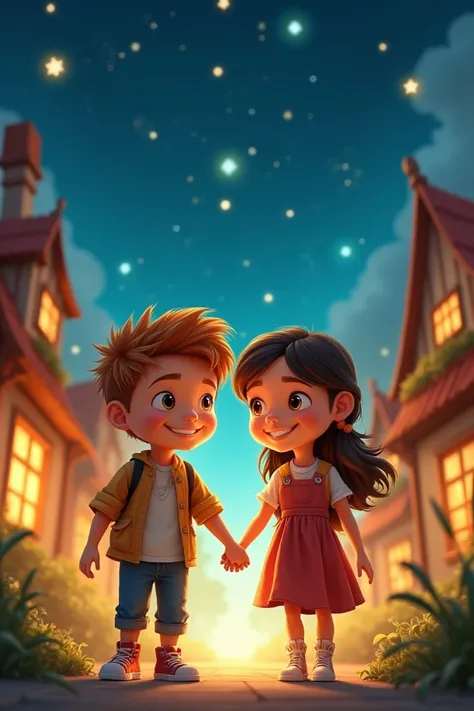 Timmy and Emma walking back through the village, hand-in-hand, with big smiles, as the stars begin to twinkle.
- Keywords: homecoming, friendship, adventure.