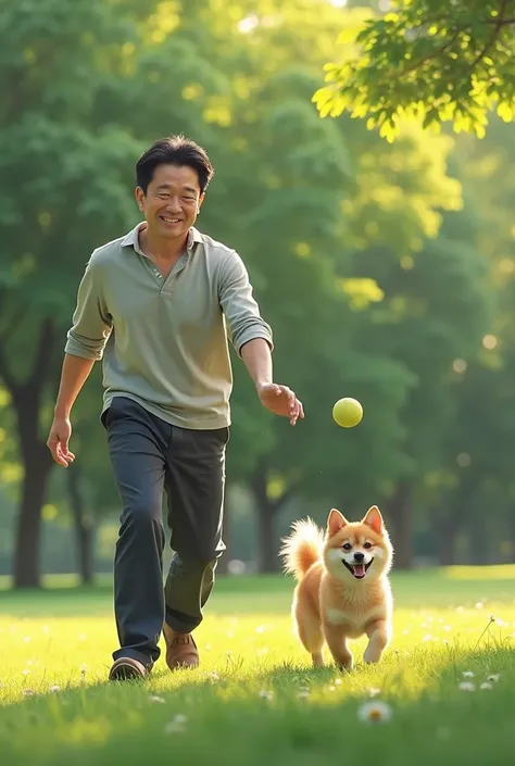  One cool Japanese man in his 40s is playing with his pet small dog in the park,A man throws a ball and a small dog is chasing it ,live-action, black hair