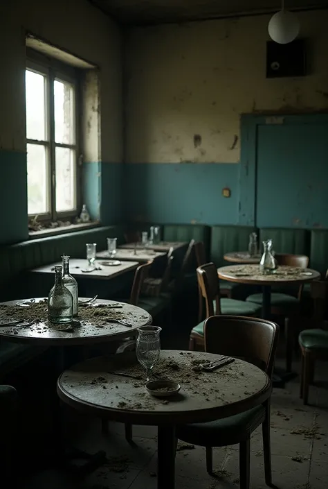  an empty and degraded restaurant , sale, poorly maintained ,  with horrible dishes and dirty glasses on the table 