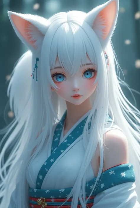 ((Best quality)), ((Masterpiece)), (Details), 1girl, whitehair, kimono, foxears, 9tails, blueeyes