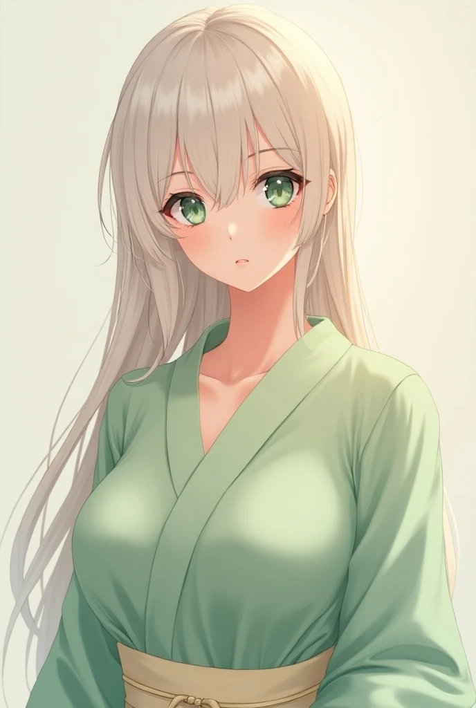 Anime woman with pale skin, mint-green eyes framed by long eyelashes, full pink lips and long, smooth platinum-blonde hair. She has a curvaceous and slender figure with noticeably large breasts which are 102 centimetres. She wore a pale-green medium-length...