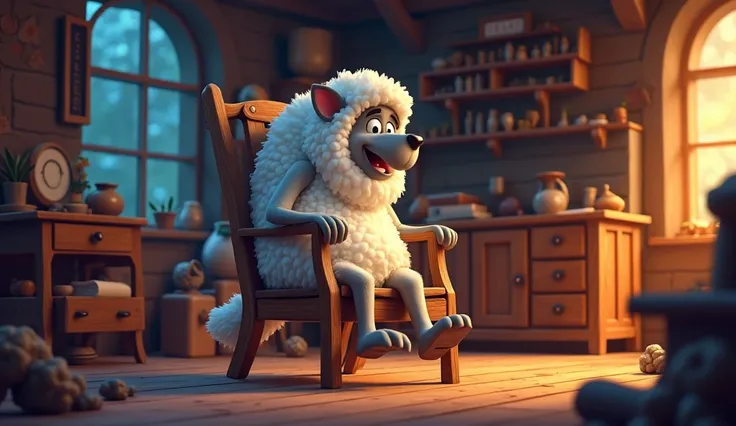 A cartoon bad wolf ( wearing sheep costume ) sits on A cartoon wooden thin chair ,then chair breaks down and he fell down badly inside a room in  a cozy cottage (night time)