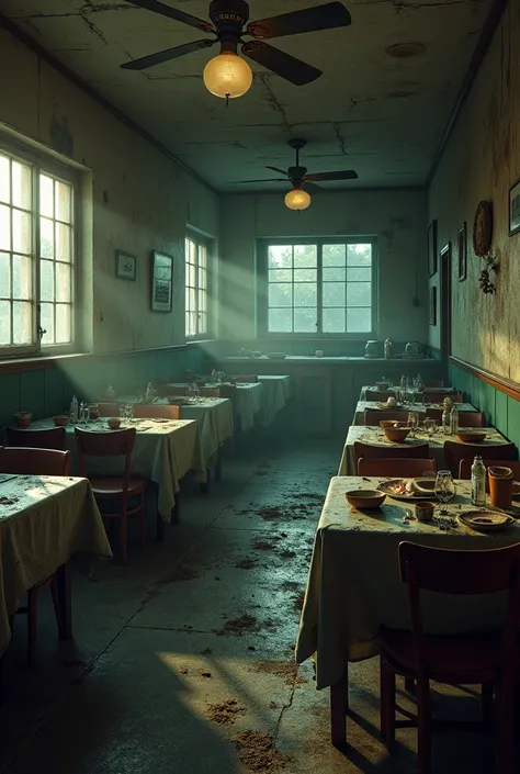  an empty and degraded restaurant , sale, poorly maintained ,  with horrible dishes and dirty glasses on the table 