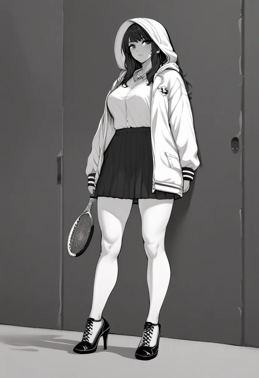 a girl in a hockey skirt and hockey top in front of a wall wearing high heels, 1 , alone, in this, tem, monochrome,  grayscale, ...