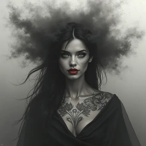  A thick storm of light-dark dust covers the entire horizon ,  in the center there is the face of a beautiful woman ,  her hair made of millions of volumetric particles is confused with The dust,  stand out her very bright green eyes and her red lips ,  ex...