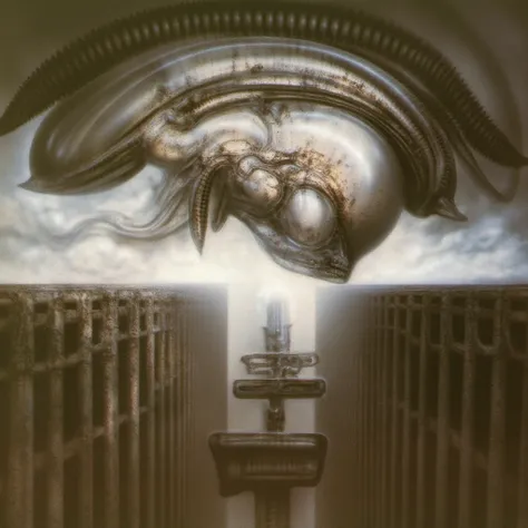 H. R. Gigers g1g3r, , Giger_style, The image is a detailed view of H.R. Gigers " for Judith " plate, featuring (  The image is a painting of a futuristic cityscape with a mix of architectural and fantastical elements. By Giger in gigeresque style  ) H R GI...