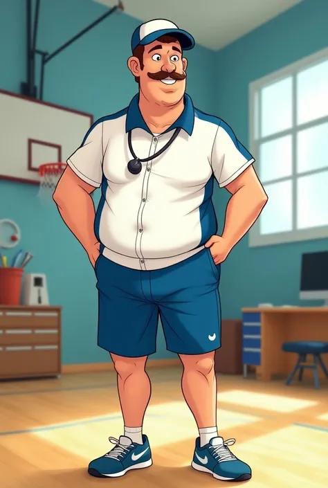 Single character, male, 40s, dad bode, brown hair, mustache, white and blue track coat, cap, he is a PE Coach, whistle around his neck, tight fitting shorts, cartoon art style, in a gymnasium.