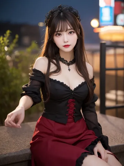 Full body:1.7, Highest quality, shape, Very detailed, finely, High resolution, 8k wallpaper, Perfect dynamic shape, Beautiful and beautiful eyes, The costume is crimson gothic Lolita style:1.9,Straight hair,Small breasts、Natural Color Lip, Bold sexy pose,s...