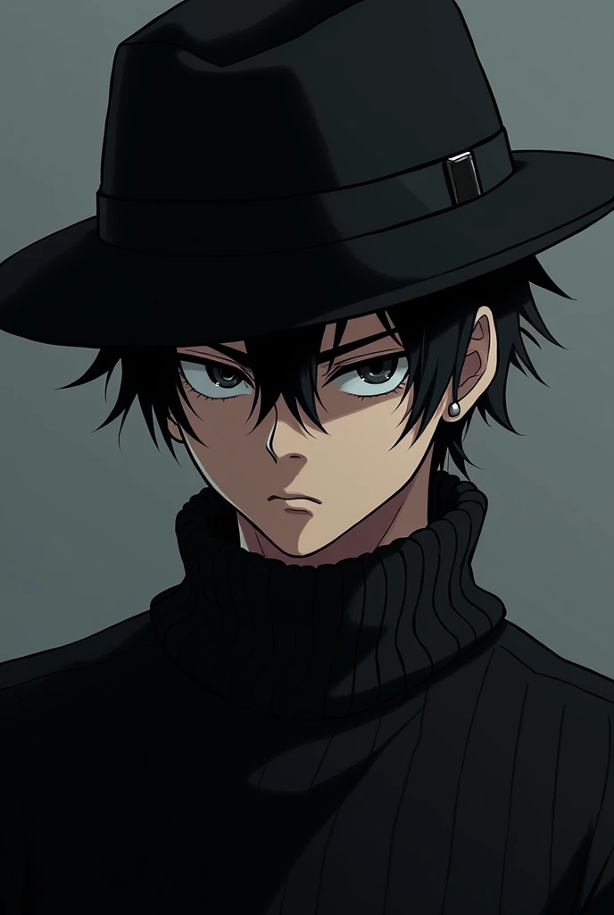 It has black hair black hat black knit sweater is male face dark face angry anime style